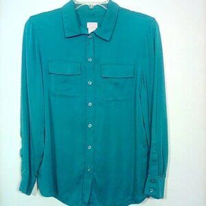 Chicos Sandwash Satin Shirt Top U.S Size 8/10 Fanfare Green Pockets Long sleeve